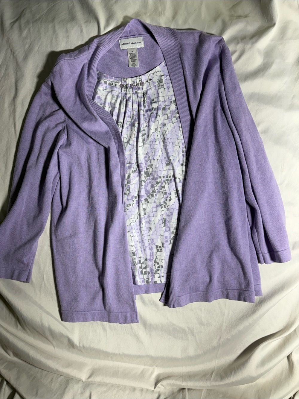 Alfred Dunner Lavender Open-Front Cardigan with Patterned Shell